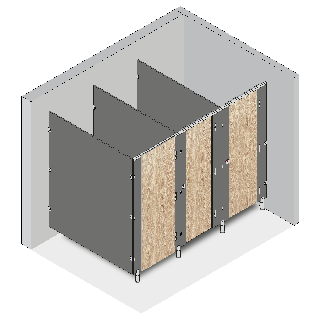Cairngorm Toilet cubicles with grey partitions and Refresh Oak doors